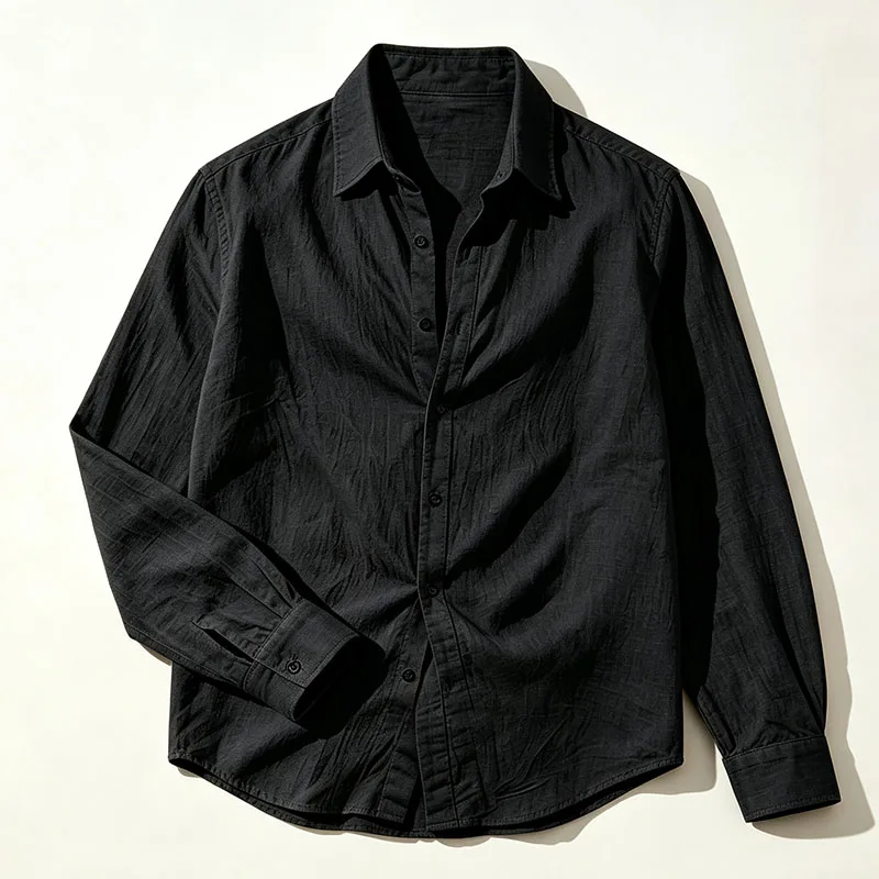 Herren-Leinenhemd für Frühling und Herbst, lässiges Langarmhemd mit Knöpfen, lockerer Schnitt, strukturierte Oberseite, leichtes Resort-Outfit für Herren – Detail 16