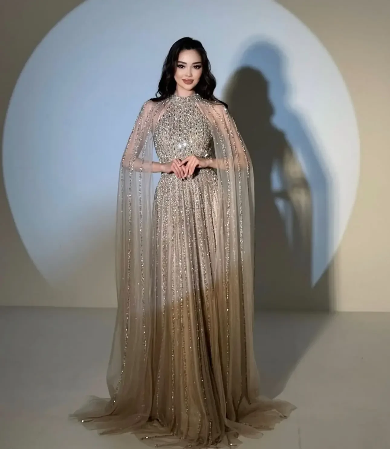 Aunber Luxury Champagne Sequin Ombré Evening Dresses High-Neck Halter Prom Dresses With Sheer Cape Party Dresses image 4