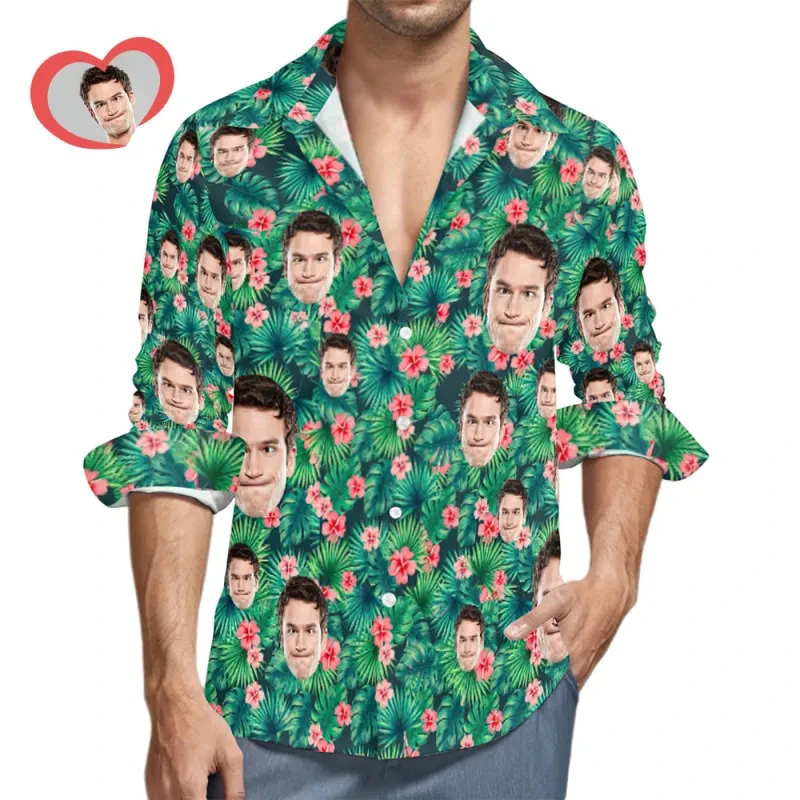 Hawaiian Custom Image 3D Print Shirts For Men Funny Birthday Gift DIY Photo Long Sleeve Blouses Women Couple Anniversary Tops