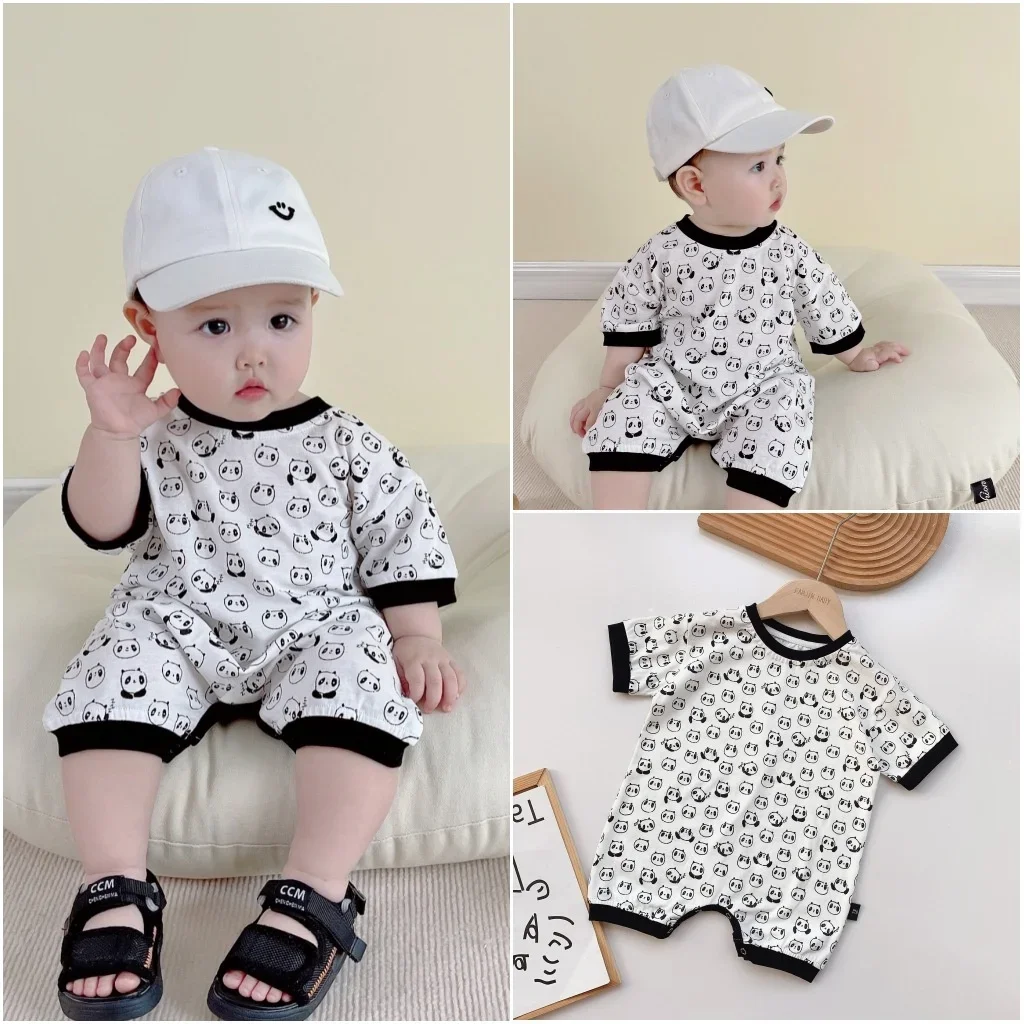 

Cotton Newborn Baby Boy Cartoon Panda Full Print Jumpsuit Baby Girl Short Sleeve Clothes 0-24M