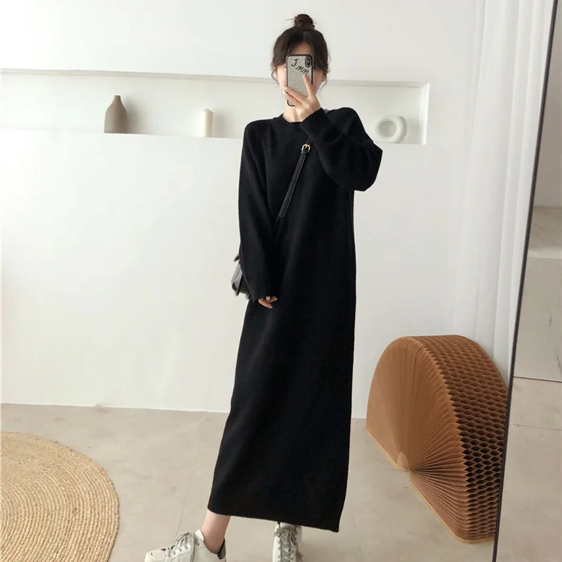 

2023 New Women Autumn Winter Round Collar Angora Maxi Sweaters Female Long Sleeve Straight Oversized Knitted Dresses