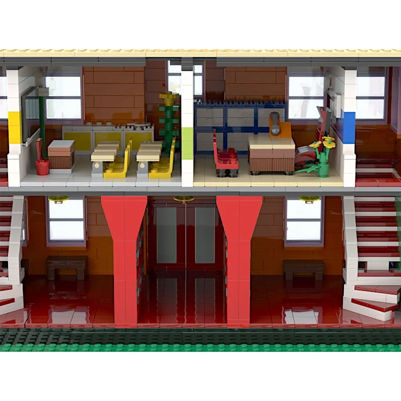 Escena de dibujos animados clásica, ladrillos diorama, bloques escolares, casa, ciudad, haus moc, para fanáticos, regalo de construcción, película para niños, producto de juguete, conjunto de decoración