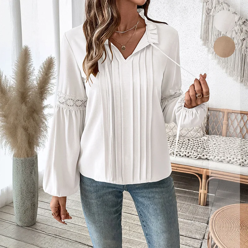 

2025 New Spring and Autumn Elegant and Temperament Top Cross-border Lace V-neck Pure Color Pleated Shirt for Women