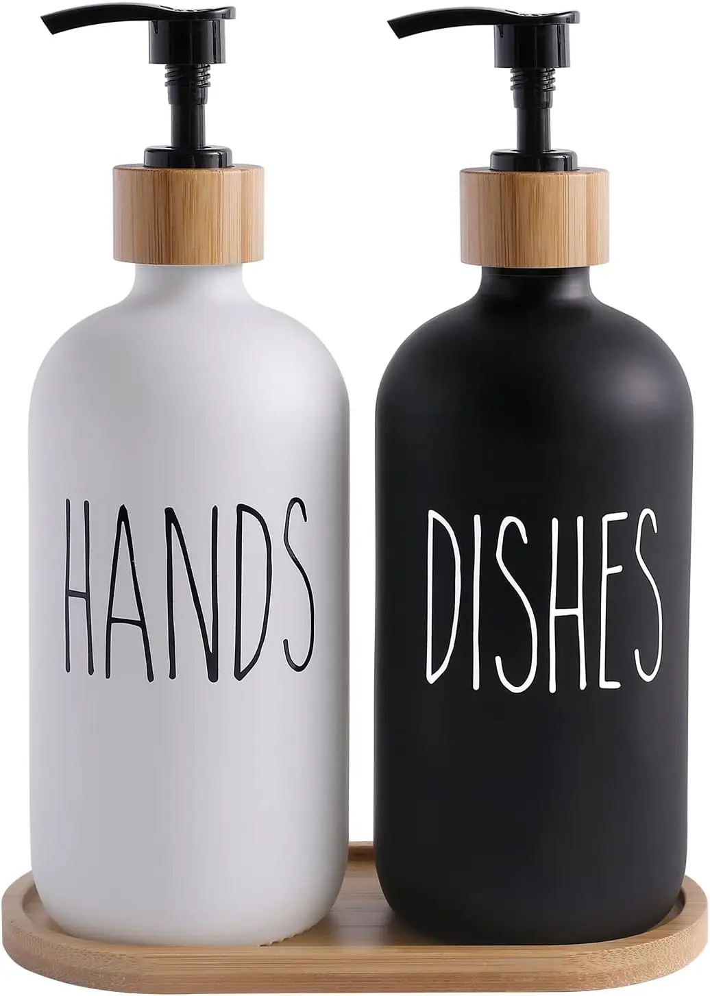 

2-in-1 Soap Dispenser Set for Kitchen, Hand & Dish Soap Bottles with Bamboo Tray, Farmhouse Decor