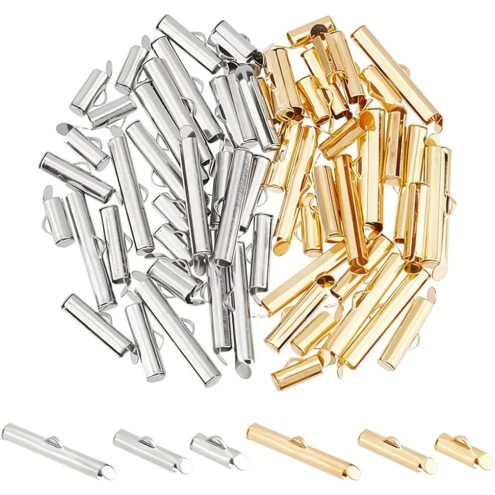 72Pcs 6 Styles 3 Sizes 2 Colors 304 Stainless Steel Slide On End Clasp Tube Buckle Clasps Slider End Caps Clasps making kit