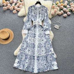 Fashion Runway Spring Dress Women's O-Neck Lantern Sleeve Belt Single Breasted Lace Hollow Out Embroidery Long Dress N1953