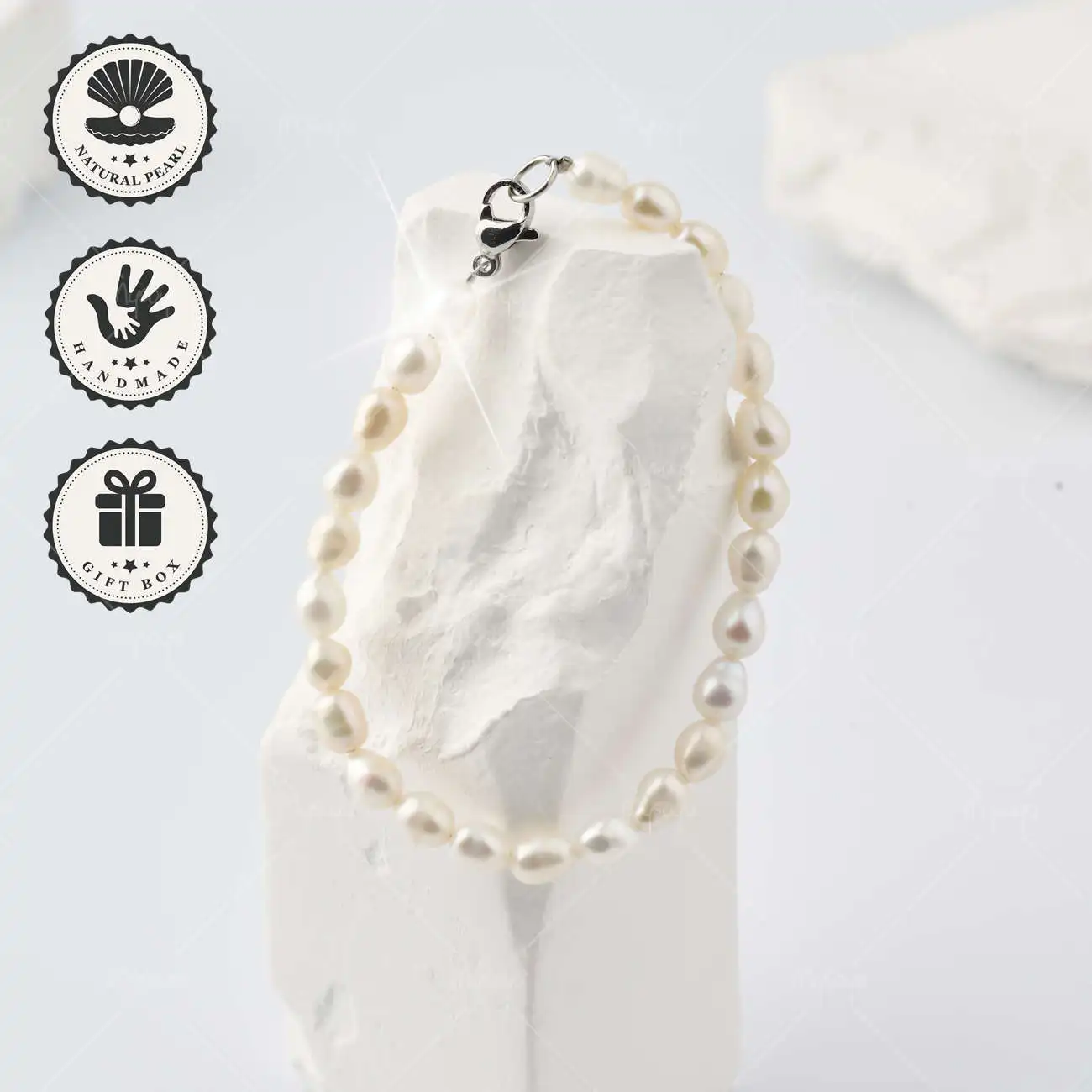 

MYSOYA Браслет из белого риса с пресноводным жемчугом 4,5-5,5 мм с серебряной застежкой-лобстером, подарочная коробка, подарок на день рождения и годовщину