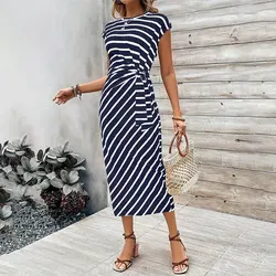 Elegant and Elegant Waist Strap Striped Round Neck Short Sleeve Long Dress Summer Women's High end Women's Dress