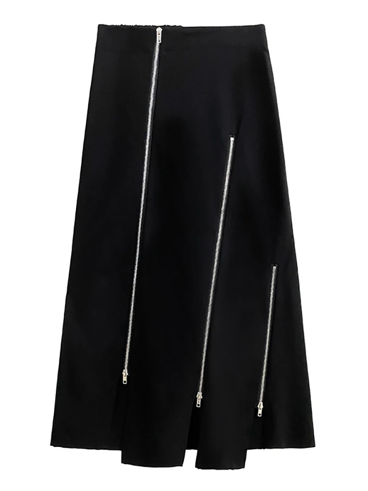 [EAM] High Elastic Waist Black Zipper Splited A-line Half-body Skirt Loose Women Fashion Tide New Spring Autumn 2024 1DH4445