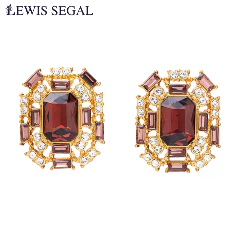 

LEWIS SEGAL Medieval Style Rectangular Octagonal Glass Cutout Earrings for Women Dark Red Glaze Embedded 18K Gold Plated