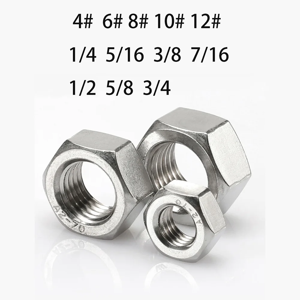 UNC UNF US Standard 304 Stainless Steel Hex Hexagon Nut 4# 6# 8# 10# 12# 1/4 5/16 3/8 7/16 1/2 5/8 3/4 American Standard Hex Nut