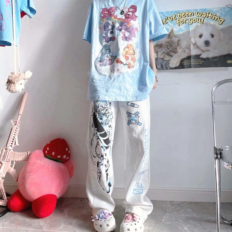 2024 New Japanese Two-dimensional Yuan Summer New Printed Wide-leg Pants White Cartoon Straight Casual Sweatpants For Women