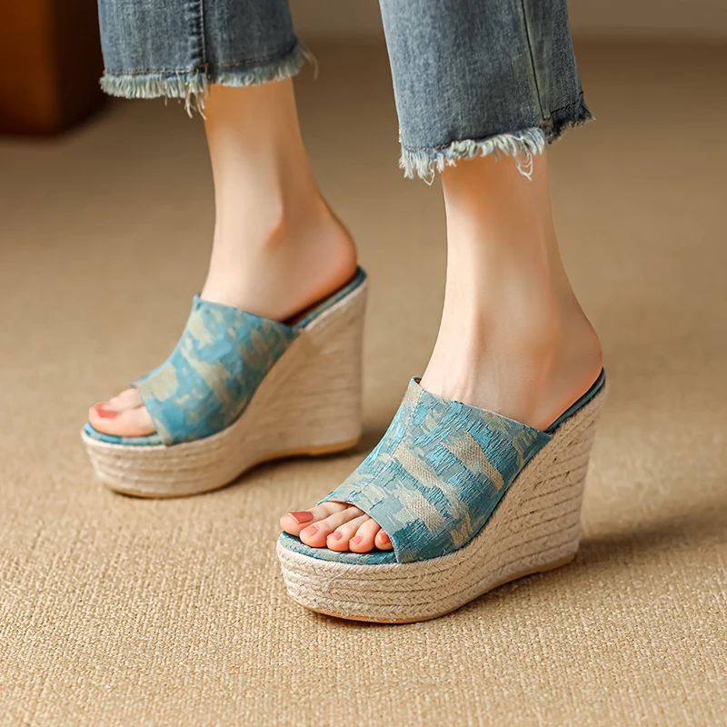 

Genuine Leather Cowhide Womens Wedge SIides Sandals Platform Open Toe Slip On Summer Womens Shoes