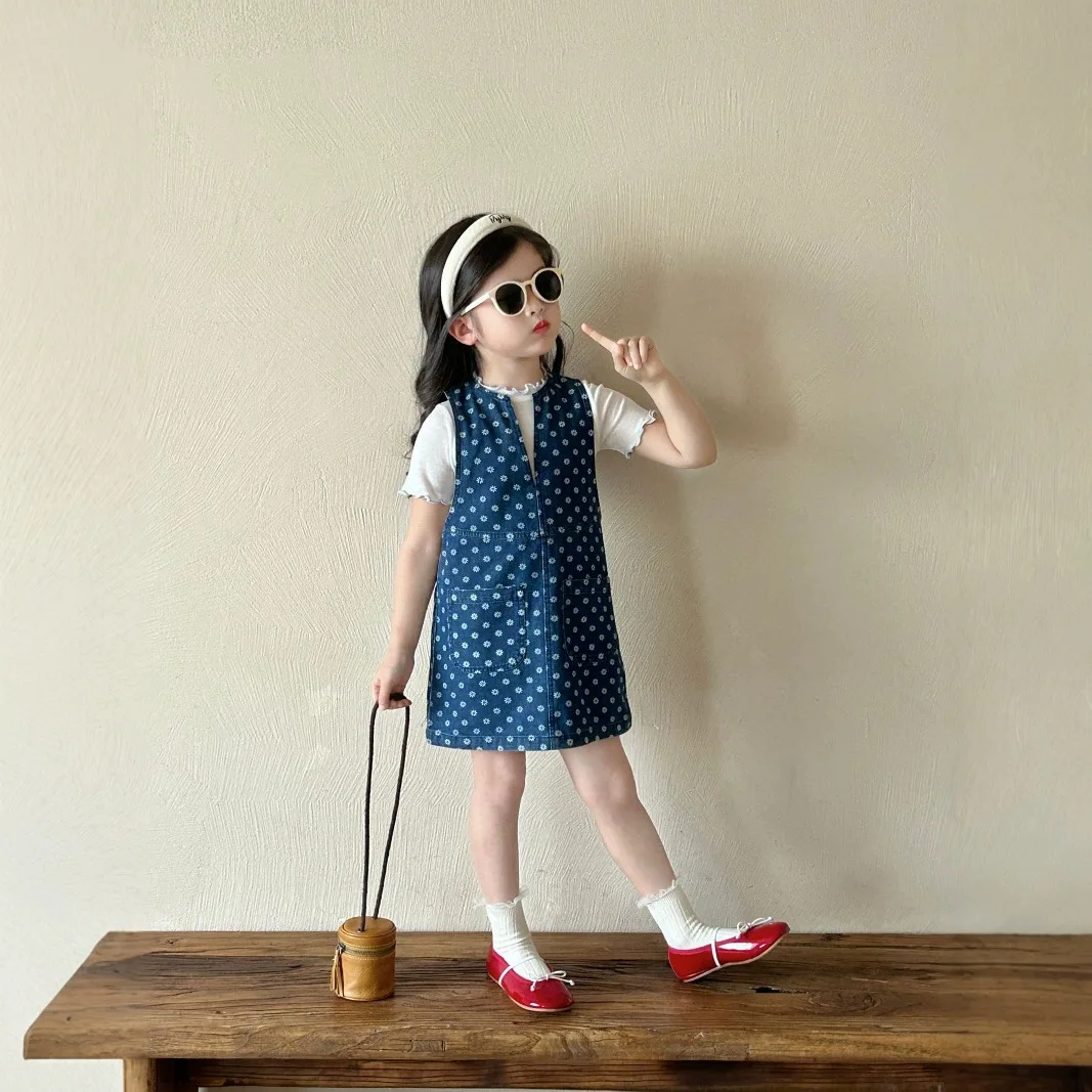 

Girls Set 2025 Spring New Korean Fashion Solid Color Undershirt Floral Denim Jumper Skirt Two Piece Set