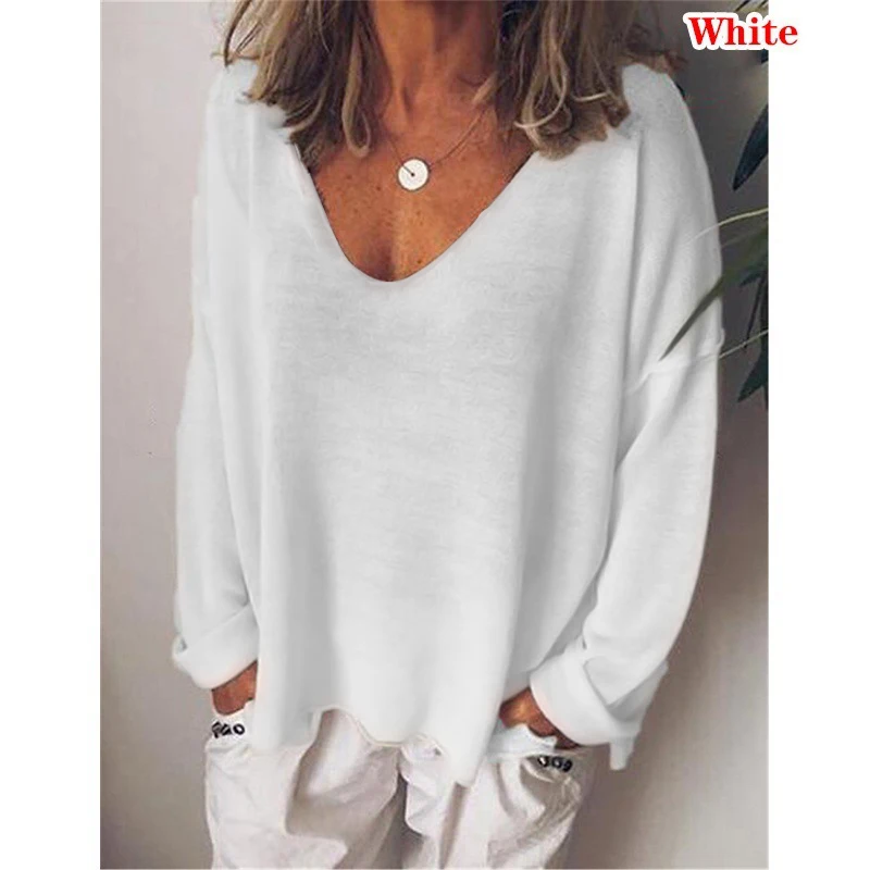 2023 Autumn Womens Clothing Solid Color T Shirts Casual Loose Tops Femme V-Neck Blouses Long Sleeve Thin Clothes Fashion Daily