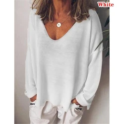 2023 Autumn Womens Clothing Solid Color T Shirts Casual Loose Tops Femme V-Neck Blouses Long Sleeve Thin Clothes Fashion Daily