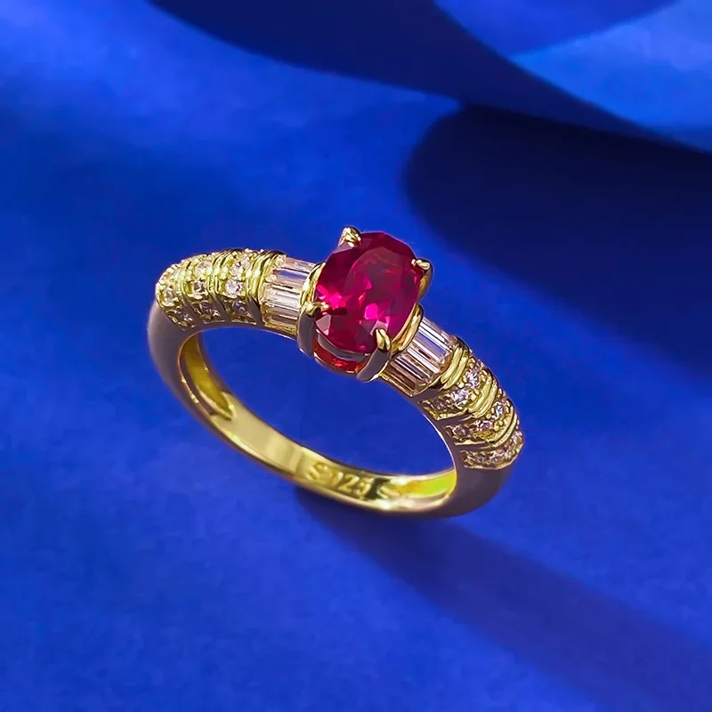 

New S925 sterling silver imperial oval pigeon blood red pigeon egg ring fashionable, simple and versatile Jewelry