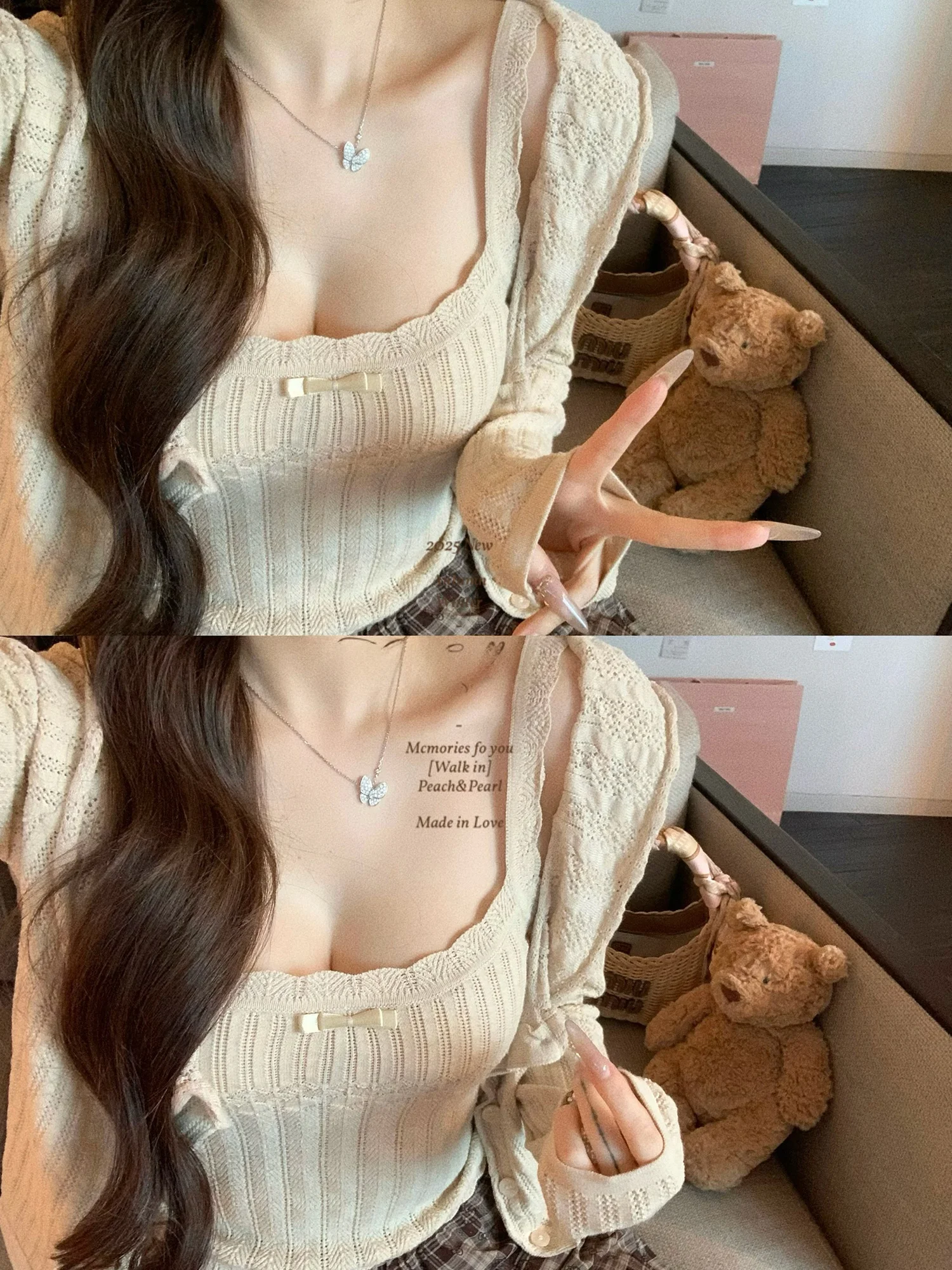 

NSS Collection Knot White Strap Knitted Open Cardigan Women's Hollow out Knitted Top Ele Layering Sle