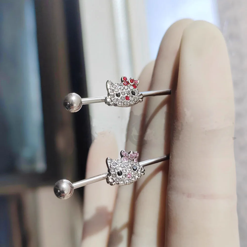 1pc Kristall Katze Industrie Piercing Lang hantel Industrie Gerüst rosa Edelstahl Bar Ohr Piercing Körpers chmuck 14g 1,6mm