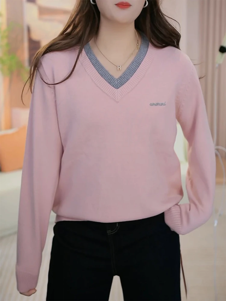 

Korean Sle Warmth Soft Pink Knitted Sweater Large Size Versatile Top Women's Faion Commute Loose Fit Regular Sve Long