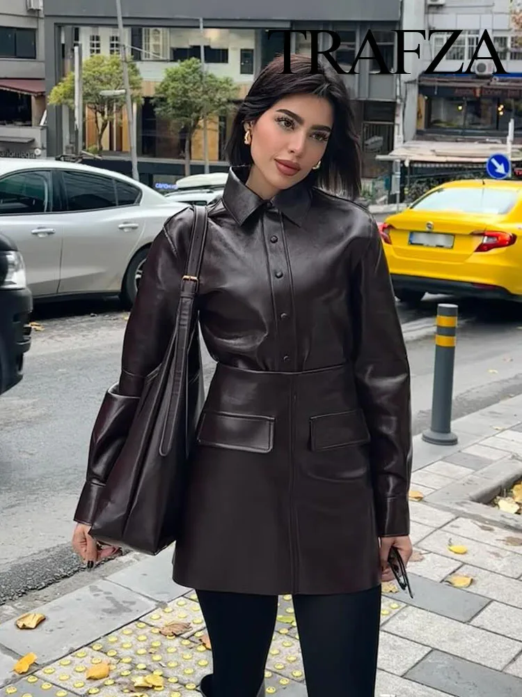 TRAFZA Women Skirt Suit Faux Lecther Lapel Single Breasted Casual Loose Jacket Coat+Solid High Waist Party Mini Skirts Mujer