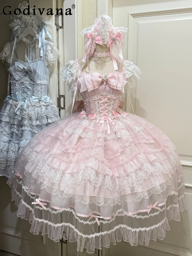 2025 الأميرة نمط لوليتا فستان بكتافة الفتيات المرأة الوردي فستان الزفاف مجموعة Jsk السيدات الحلو القوس الدانتيل فستان حفلة عيد ميلاد الشاي