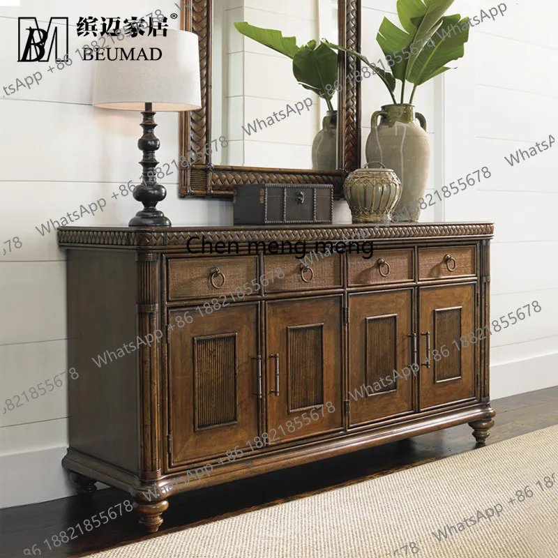 American retro South East Asia island rattan bamboo art four doors dining side wine cabinet solid wood entrance