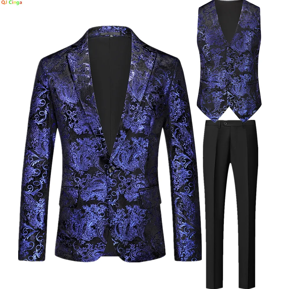 

Spring New Arrival Men's Three-Piece Suit: Gold-Print Decorated Jacket and Vest Paired with Black Trousers, Asian Fit Slim Cut.