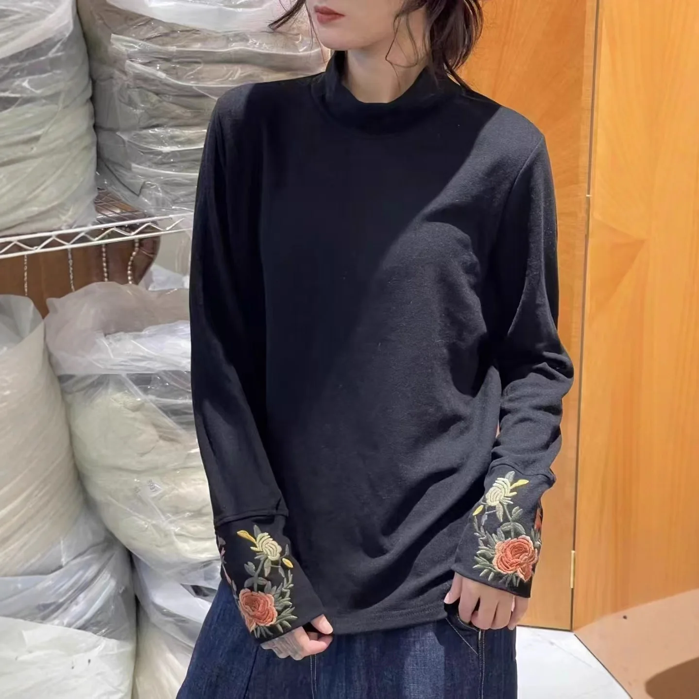 Japan Style Mori Kei Sweet Floral Embroidery Cotton T-Shirts Women Autumn Winter Turtleneck Long Sleeve Casual Backing Shirts