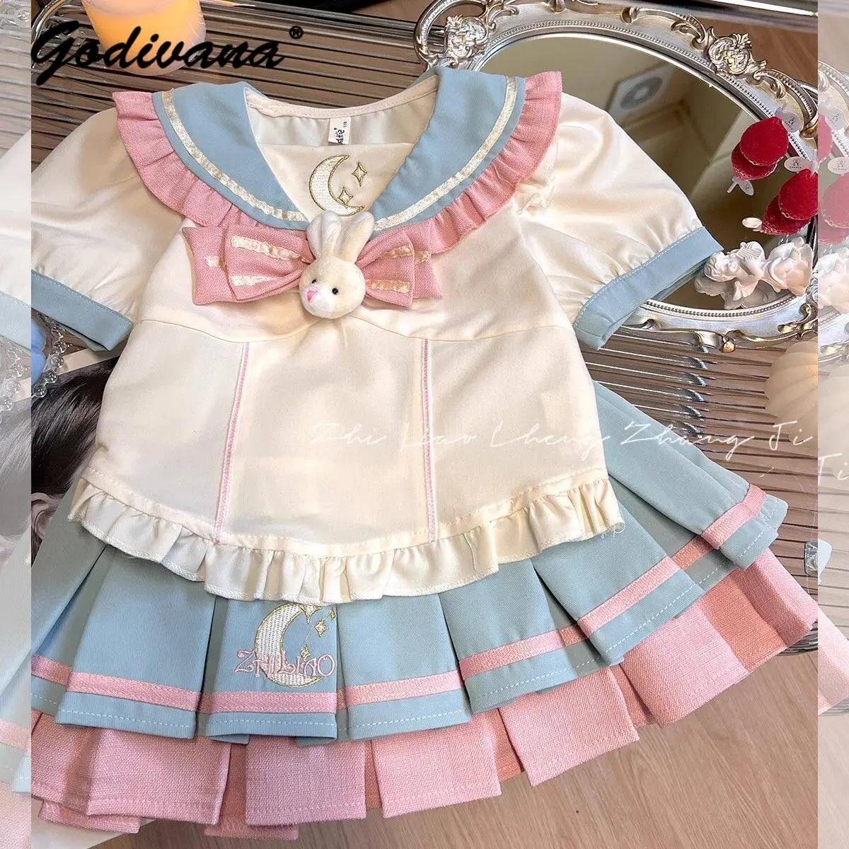 

Little Girls Summer 2026 New Japanese Cute Princess Jk Uniform Kids Puff Sleeve Ruffle Trim Blouse and Pleated Skirt 2pcs Set