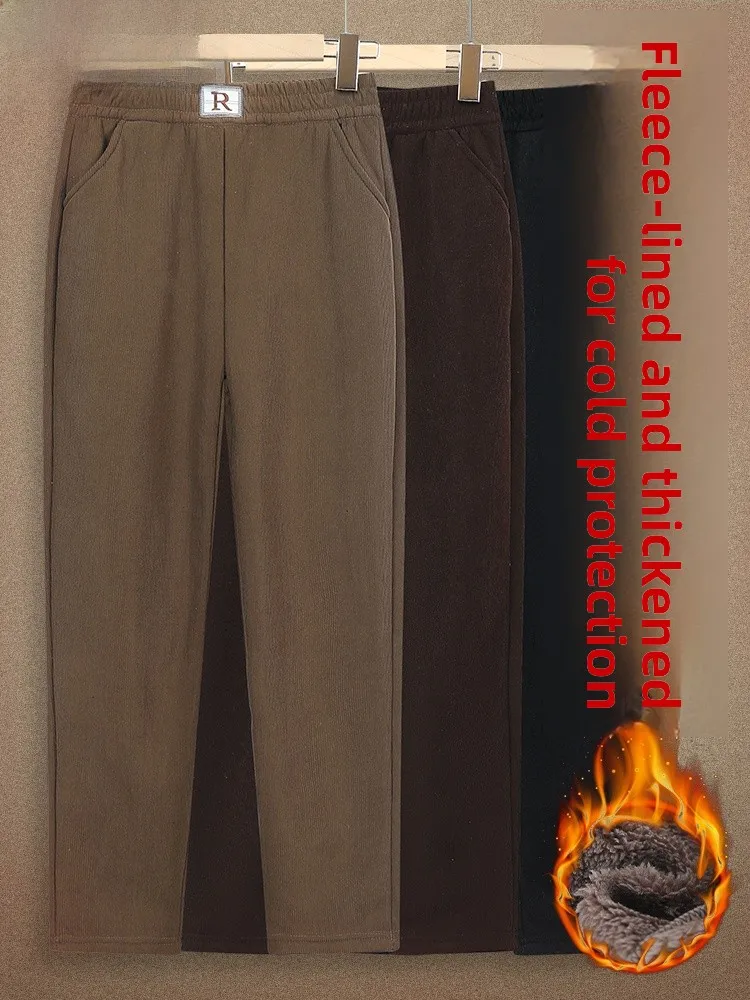 

Thiened Fce Corduroy Straight Leg Pants Warm Casual Trousers for Mom Autumn Winter Long Pants Faion Loose Sle Women's