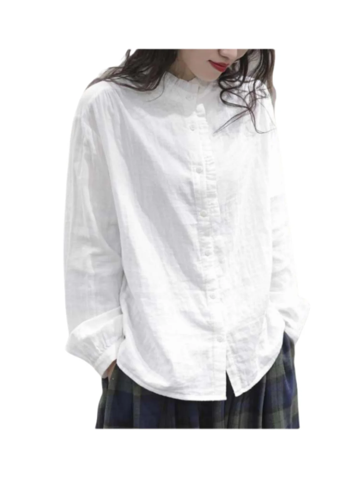 Faionable Cotton Linen White Floral Lace Ladies irt Spring Autumn New Sle plus Size Slimming Anti-Aging Top