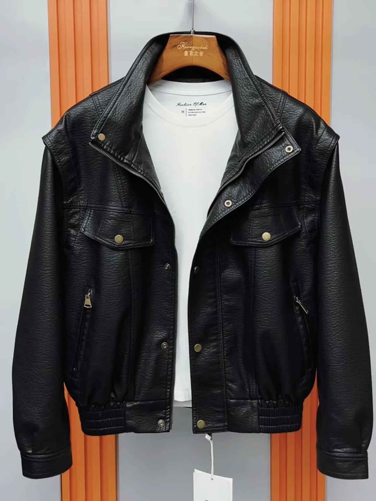 

Повседневное мотоциклетное пальто из искусственной кожи, мужское осенне-зимнее модное брендовое байкерское пальто из Гонконга с воротником-стойкой, мужской топ