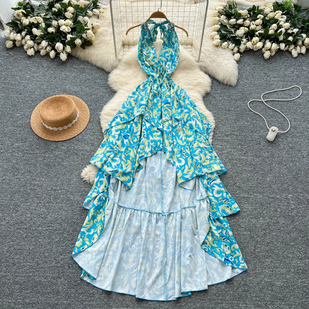 

Сексуальное шикарное длинное платье с открытой спиной и принтом на шее, винтажная женская повседневная женская одежда в стиле пляжного отдыха