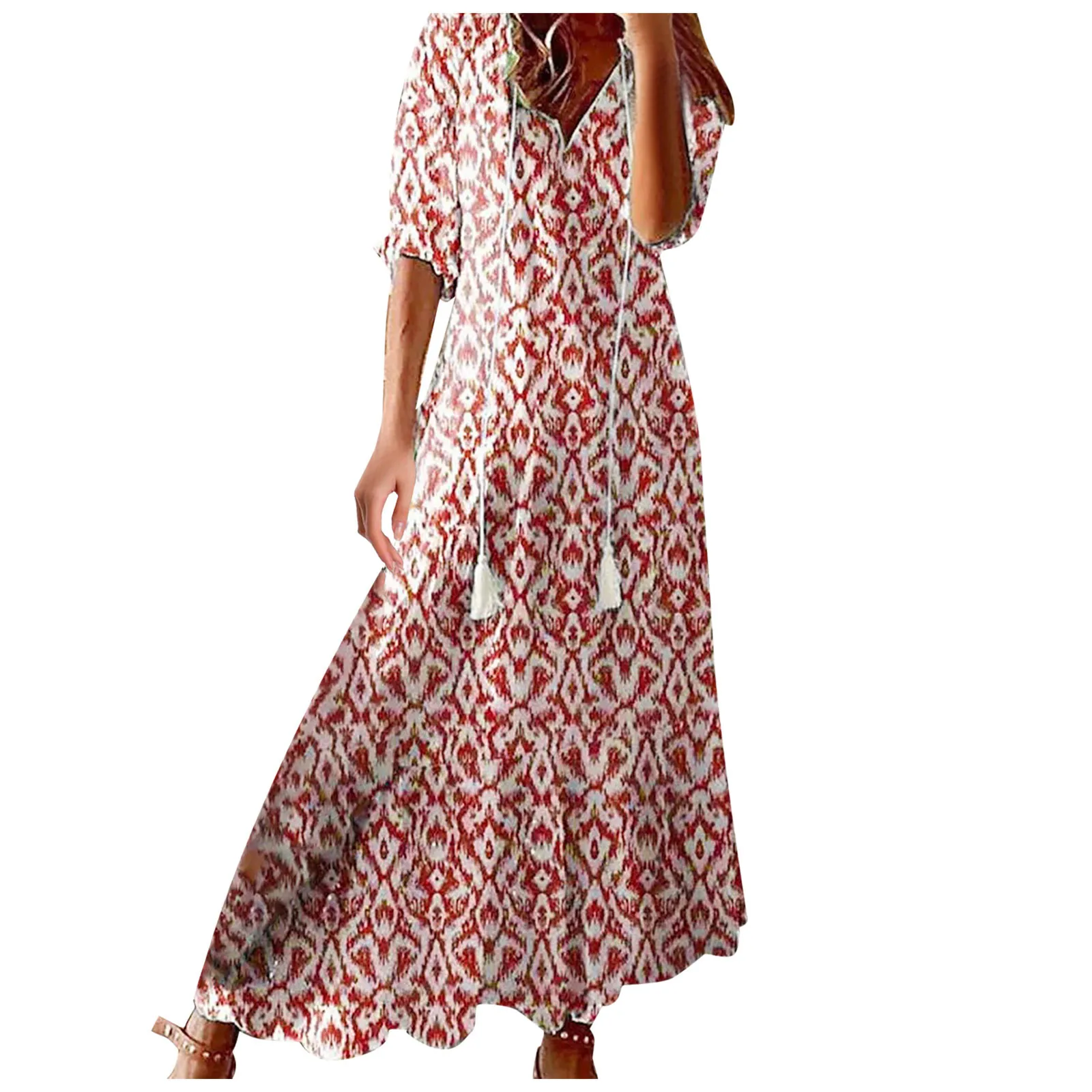 Frauen elegante Boho Druck langes Kleid lässig halben Ärmel V-Ausschnitt lose Maxi kleid weibliche Urlaub Mode Strand Sommerkleid Vestidos