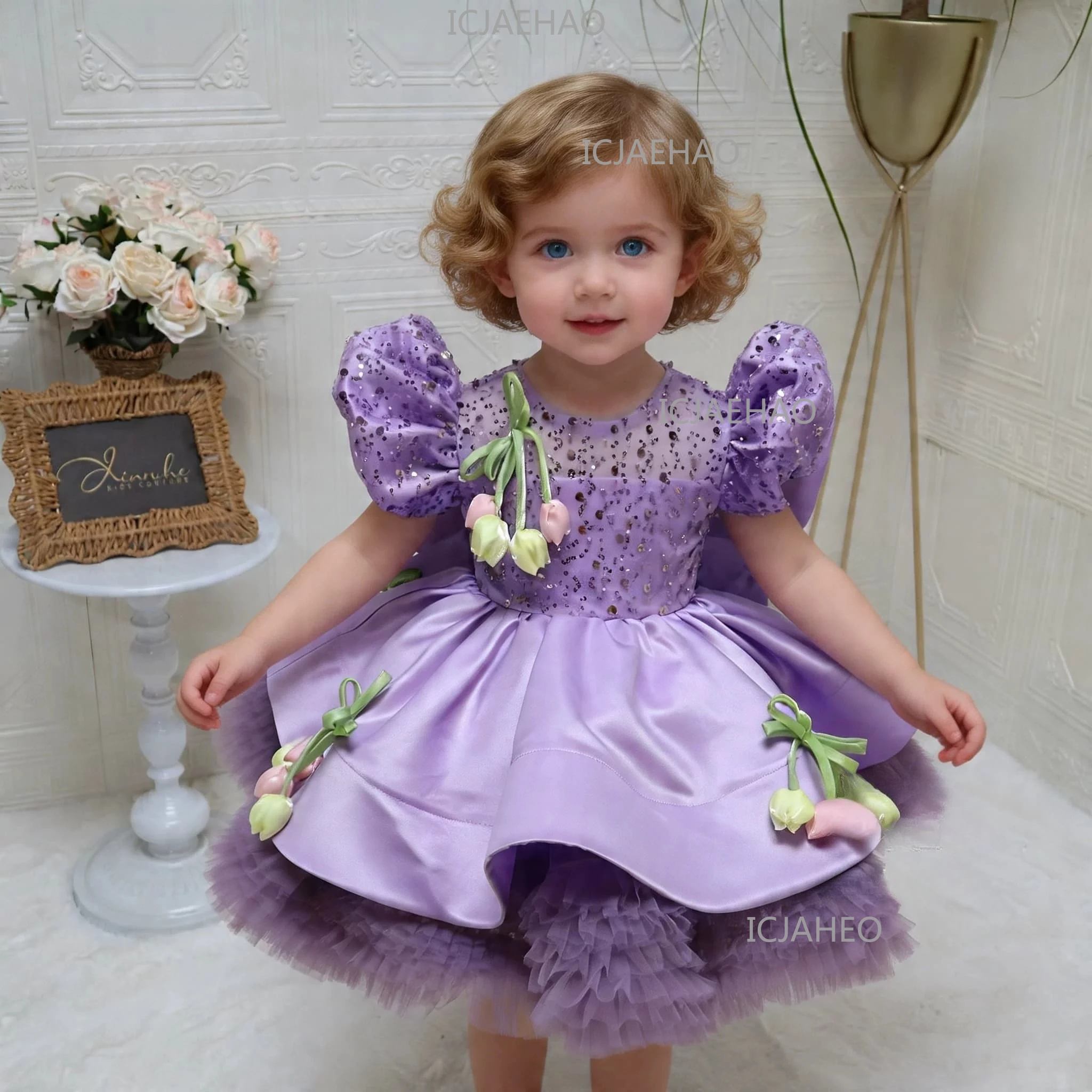 

Princess Style Puff Sleeve Sequin Kids Purple Dress Girls Princess Baby One-Year-Old Birthday Party Costume Evening Dresses