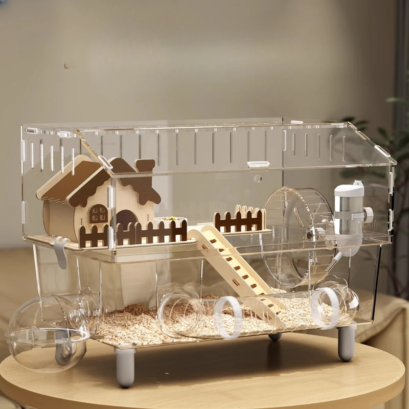 Jaula para hámster acrílica, vista 360", villa para hámster, jaula grande de lujo antimascaramiento, rueda rodante silenciosa, fácil de limpiar