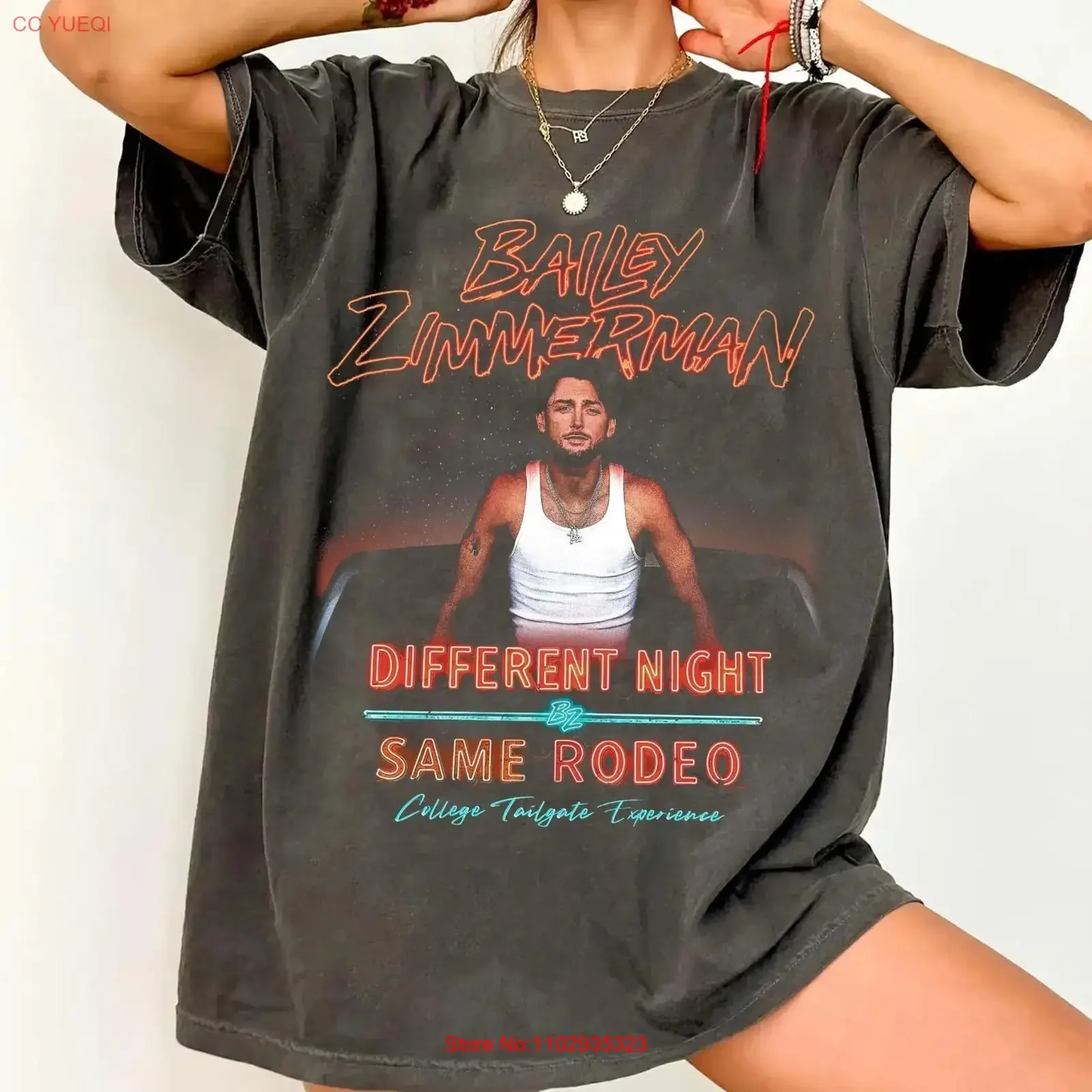 Camiseta de la gira de Bailey Zimmerman 2026, diseño vintage lavado con la frase 'Different Night Same Rodeo', para hombre, para uso diario, versátil