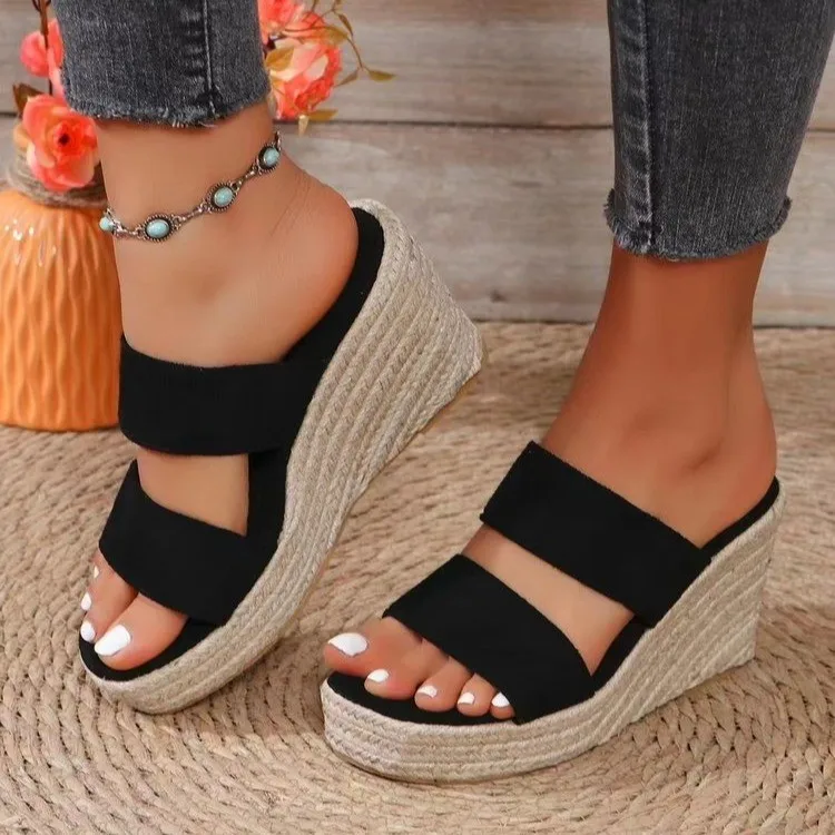 2024 new summer European and American foreign trade wedge-heeled thick-soled sandals large size one-word casual fish mouth thick