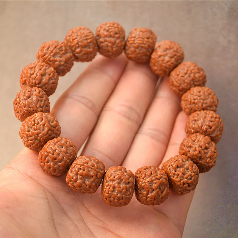 Spring Craft15/16/17mmRed Yellow Leather Hand Grinding Tibetan Style Big Strawberry Dragon Scale Texture Rudraksha Bracelet