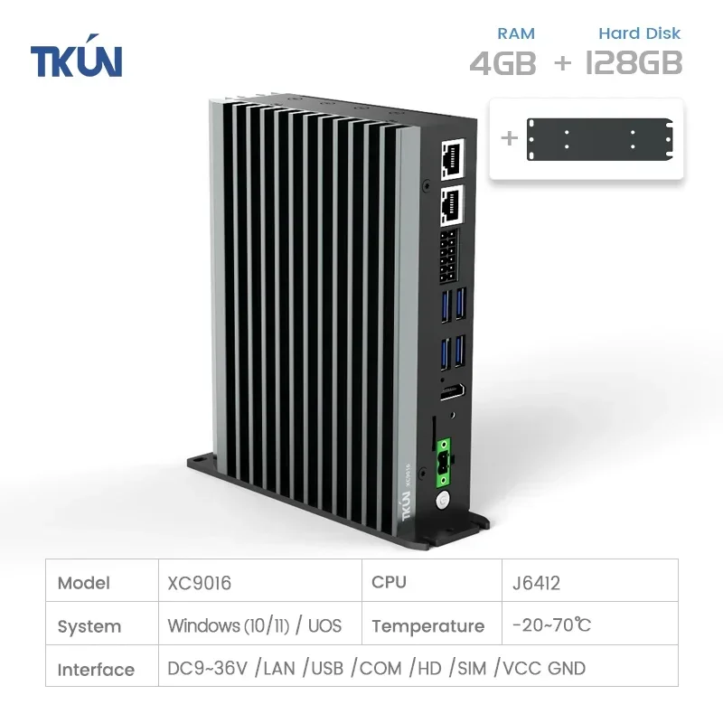 

2026 Edge Rail mounting 9~36V Industrial processor J6412 X86 Industrial mini PC Fanless computer PC With HD-out XC9016 TKUN