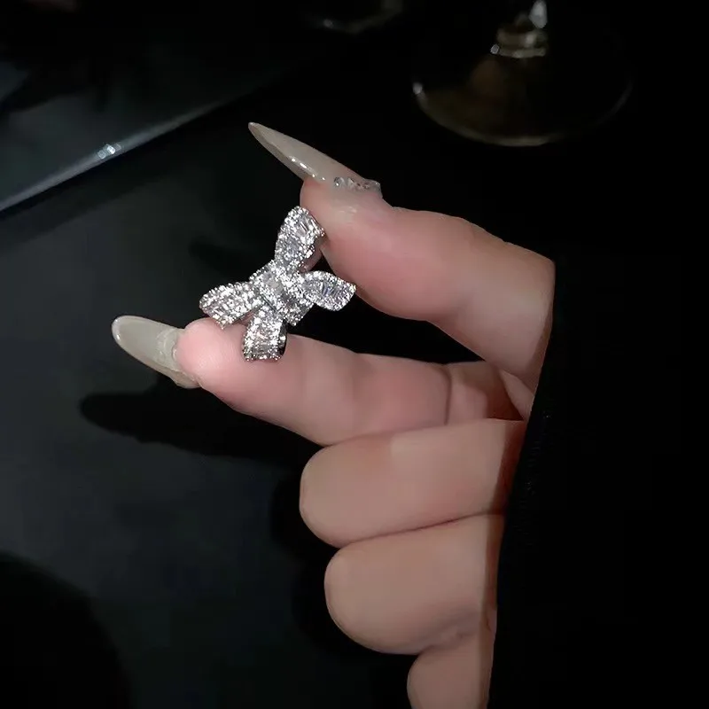 2024 New Fashion Silver Color Zircon Bowknot Open Ring For Women Luxury Shiny Full Rhinestone Adjustable Ring Wedding Jewelry