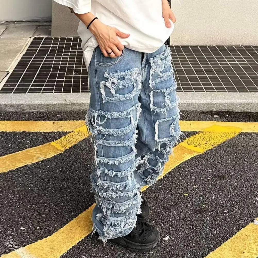 

Tassel Edges Distressed Denim Pants Men Jeans Zipper Button Fly Straight Leg Trousers Men Denim Trousers Tassel Edge Trousers