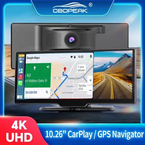 차량용 DVR 4K 대시 캠 듀얼 렌즈 무선 카플레이, 안드로이드 자동 비디오 녹음기 모니터, GPS 네비게이션, 5G 와이파이 BT AUX 출력, 10.26 인치