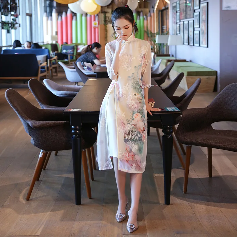 

Yourqipao Summer 2023 Modern Mid-length Aodai Cheongsam Young Girls Casual Daily Qipao Asian Chinese Style Dress for Women