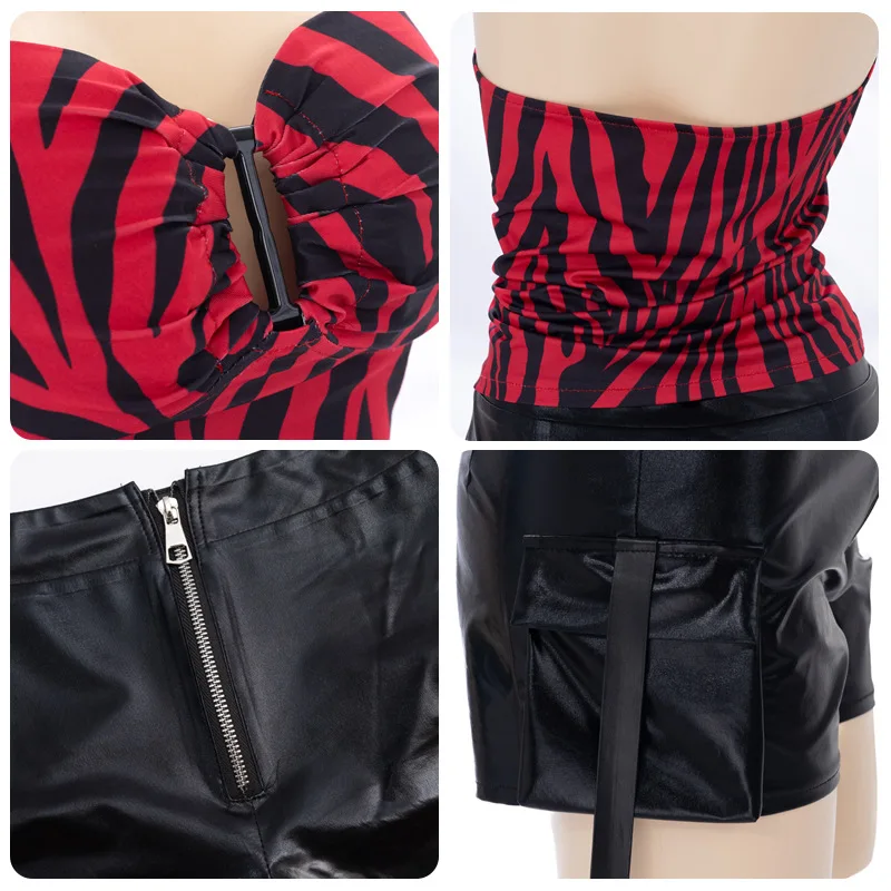Movie Obsession Movie Nikki Cosplay Red Black Zebra Print Halter Sexy Top Faux Leather Cargo Shorts Adult Women Halloween suit view 6