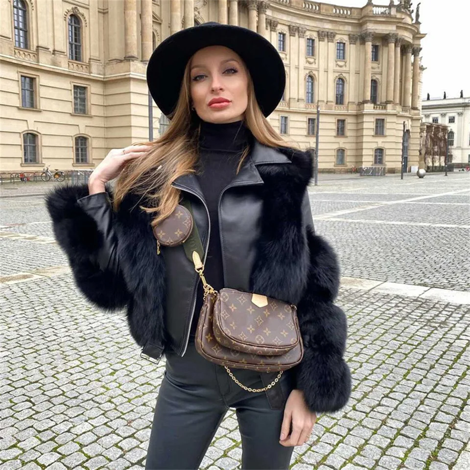 Patchwork Sheepskin Coat Women Winter Warm Thick Luxurious Faux Leather Fur Coat Long Sleeve Women\'s Jacket Motorcycle Coat