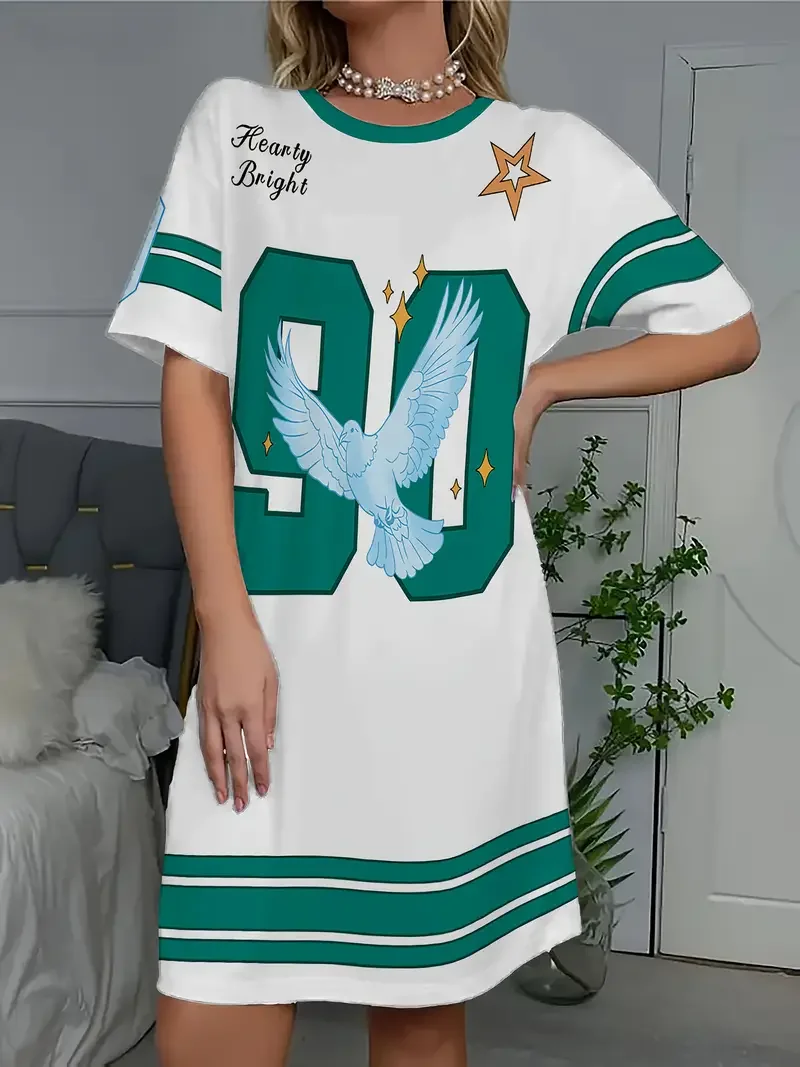 Letnia damska sukienka T-shirt plus size, codzienna, z nadrukiem Gołębia Pokoju nr 23, damska sukienka wkładana przez głowę z krótkim rękawem, odzież damska.