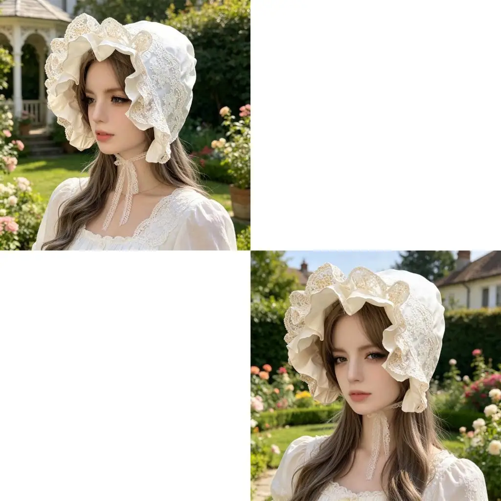39BD Portrait Photo Bonnet Hat with Lace Trim and Chin Ties, 55-60 Ruffled Brim Cap for Decorative Outfit Styling