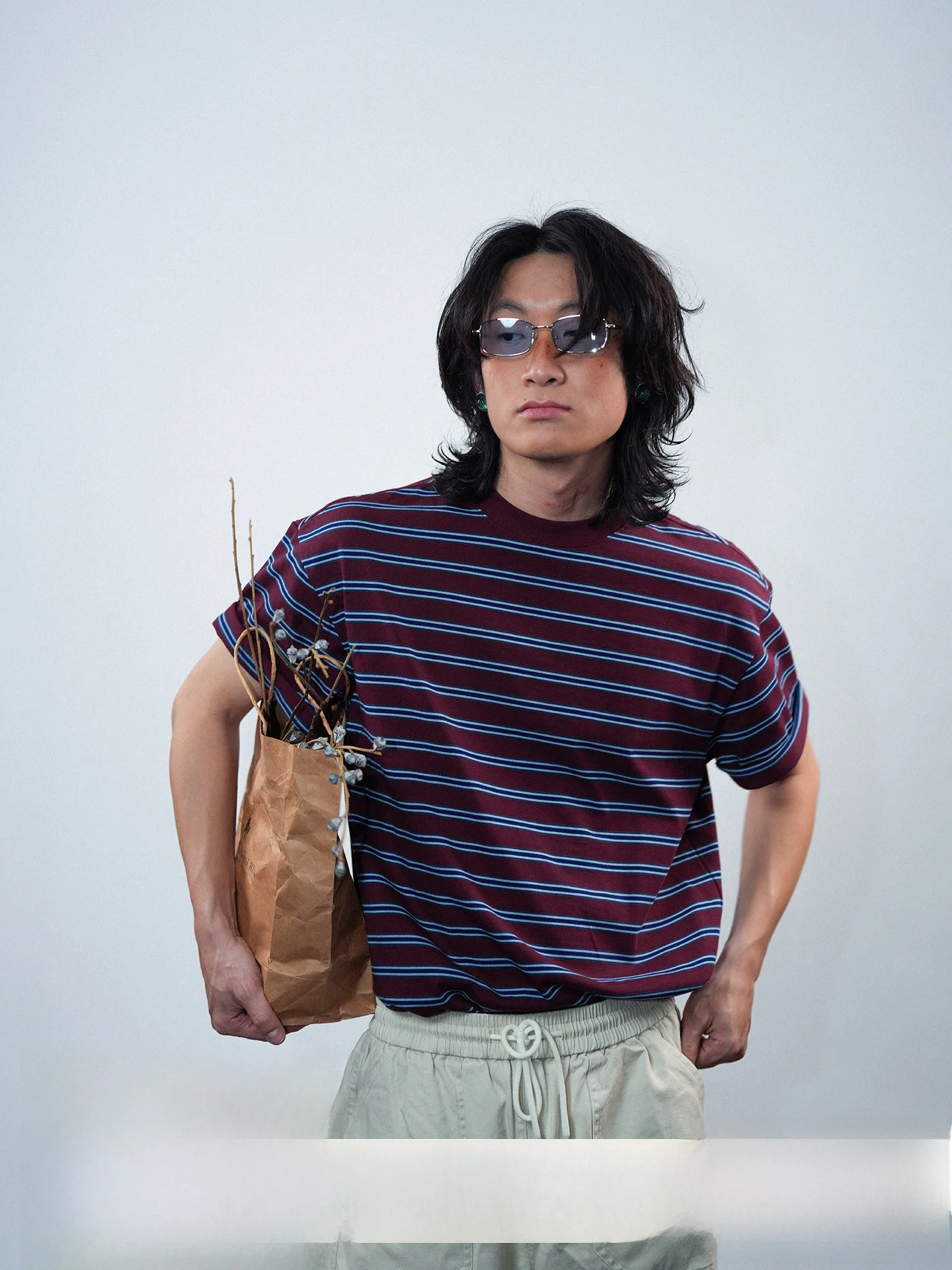 Loose Fit Summer New Style Japanese Retro round Neck Short Sleeve Casual Wine Red Stripes T-Shirt Unisex Knitted Cotton Tee